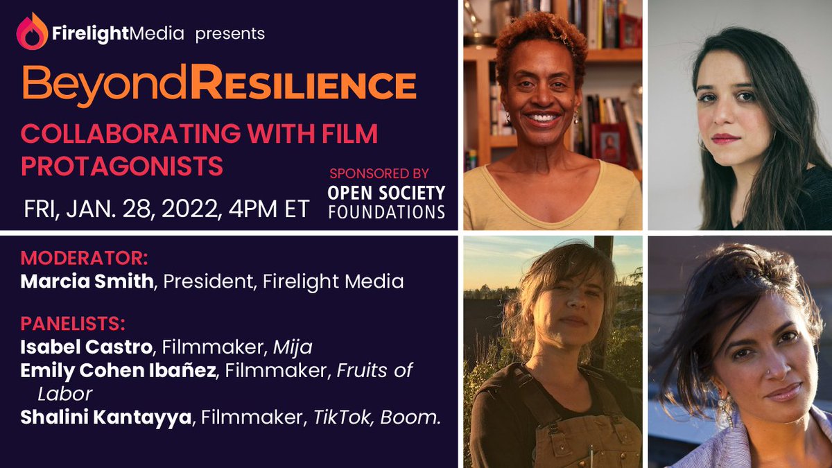 firelightmedia's tweet image. Announcing the next event in our #BeyondResilience series: &quot;Collaborating with Documentary Protagonists.&quot; Presented at @sundancefest, the virtual panel will feature #DocLabAlumni @isacastropics, #ShaliniKantayya, and Emily Cohen Ibañez (@ReversaF). RSVP: eventbrite.com/e/beyond-resil…
