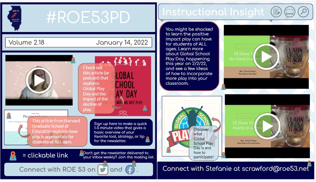 MrsCford_tweets's tweet photo. #GlobalSchoolPlayDay is on 2/2, and it's not just for elementary students. My latest issue of the #ROE53PD Newsletter explores how and why to participate in @GSPlayDay, plus see a few examples of how to incorporate games into your everyday classroom. https://t.co/IJXUcwhUgr https://t.co/zPoHm2SMNr