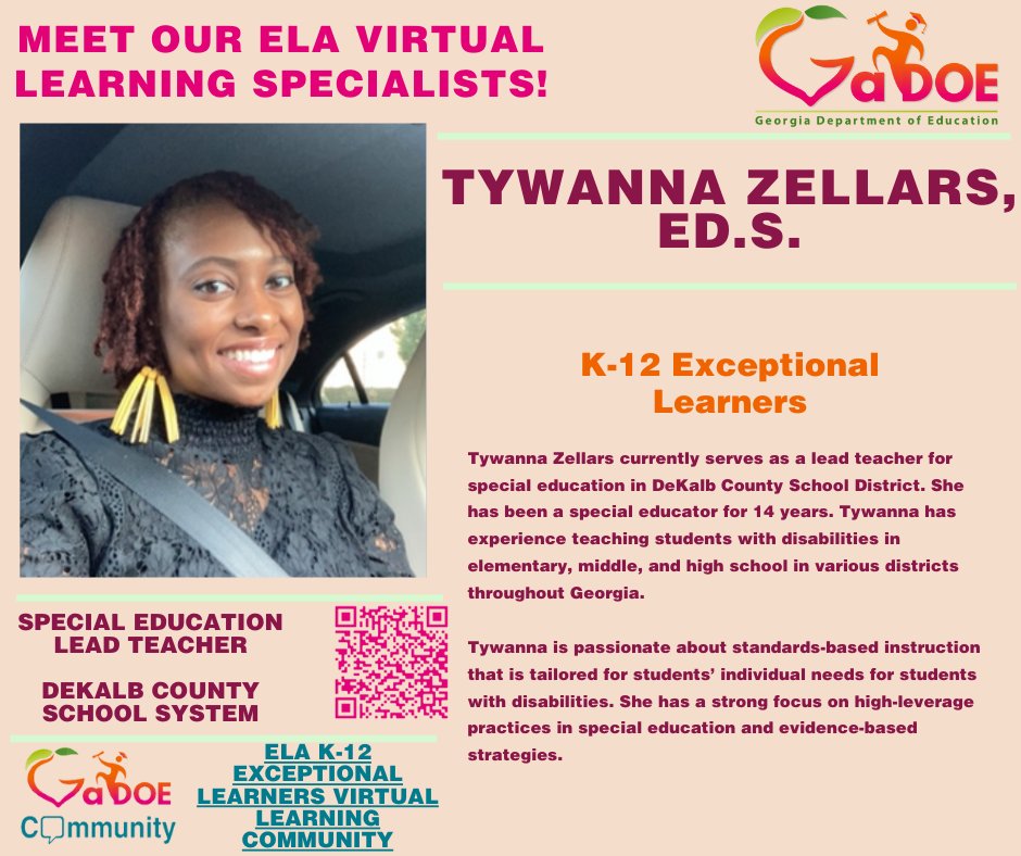 GaDOEELA's tweet photo. Please help us welcome Tywanna Zellars as the Virtual Learning Community leader for our K-12 exceptional learners group!
Join our ELA exceptional learners group in GaDOE Community at
https://t.co/StvqbC8cj8!
#GaDOEELA #EducatingGAsFuture #GetGAReading #GATeacherResources https://t.co/XwDHEtIB9I