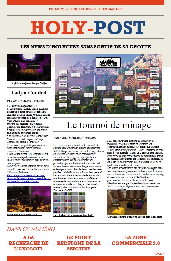 The_Holy_Post's tweet photo. HOLY-POST DU MERCREDI 19 JANVIER. 
Aujourd'hui dans l'Holy-Post: Le tournoi de minage, une surpopulation d'axolotl et de la redstone

Le journal ainsi que les archives sont disponibles sur https://t.co/lu8z6ECqOl https://t.co/gNC9skZxOu
