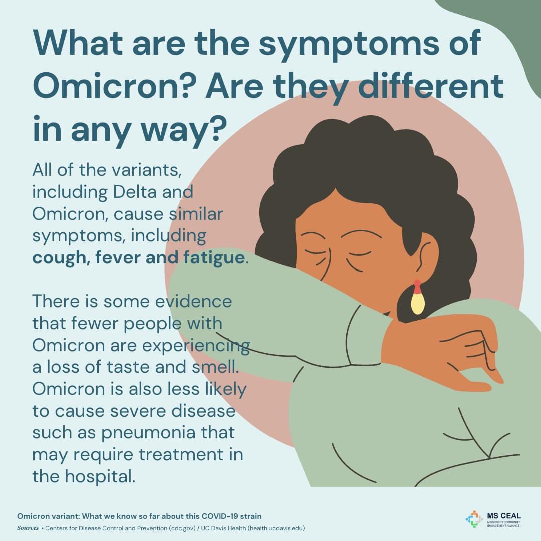 ms_ceal's tweet photo. What are the symptoms of Omicron? Are they different in any way?

All of the variants, including Delta and Omicron, cause similar symptoms, including cough, fever and fatigue. 

There is some evidence that fewer people with Omicron are experiencing a loss of taste and smell. https://t.co/5AEnhPZEyT