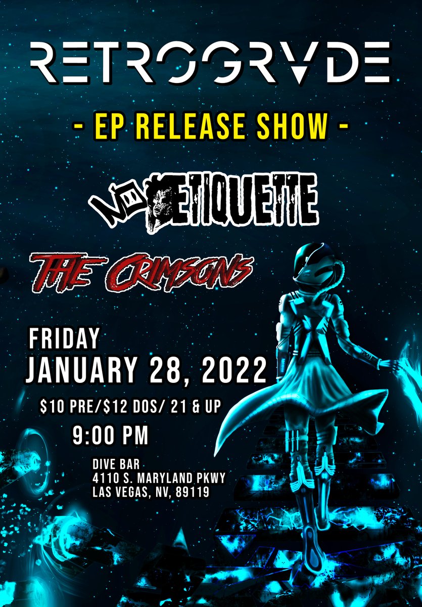 With the release of our debut EP, we are also having a show at the Dive Bar! Tickets hot and ready so be sure to come check us out with No Etiquette and The Crimsons! 
Friday, January 28, 2022
9:00 PM.