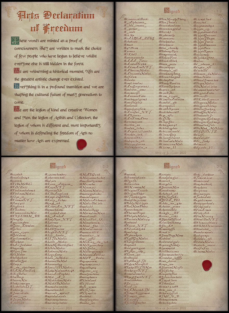 CountessDeBardi's tweet image. The "Arts Declaration of Freedom" is Our legacy.
353 Artists/Collectors have signed it.
~
353 copies are available to be bought for 0 Eth
Free.
RT these words.
~
The original 1/1 will be auctioned, the proceeds will be invested to support the Movement
opensea.io/collection/the…

CdB