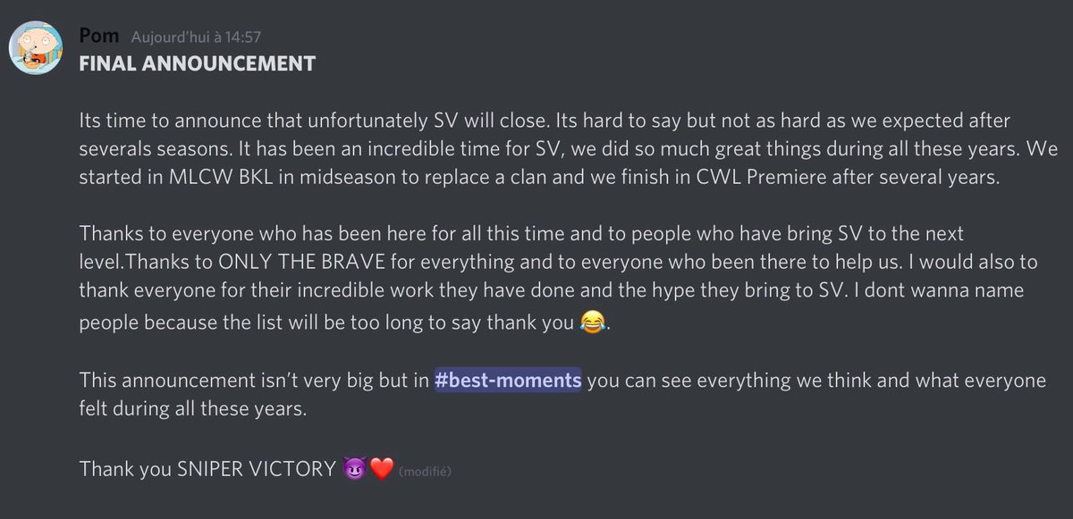 Sniper Victory (@elite_sv) on Twitter photo ty SV❤️, ty <a href="/champwarleague/">Champions War League</a> ❤️, ty <a href="/OTBcoc/">ONLY THE BRAVE</a>❤️ , ty to all the teams we played against, to all sv members, leaders, from 2018 to 2022, 4 years later we are a big family but now it’s time to say good bye🥰✈️ ty SV❤️, ty <a href="/champwarleague/">Champions War League</a> ❤️, ty <a href="/OTBcoc/">ONLY THE BRAVE</a>❤️ , ty to all the teams we played against, to all sv members, leaders, from 2018 to 2022, 4 years later we are a big family but now it’s time to say good bye🥰✈️