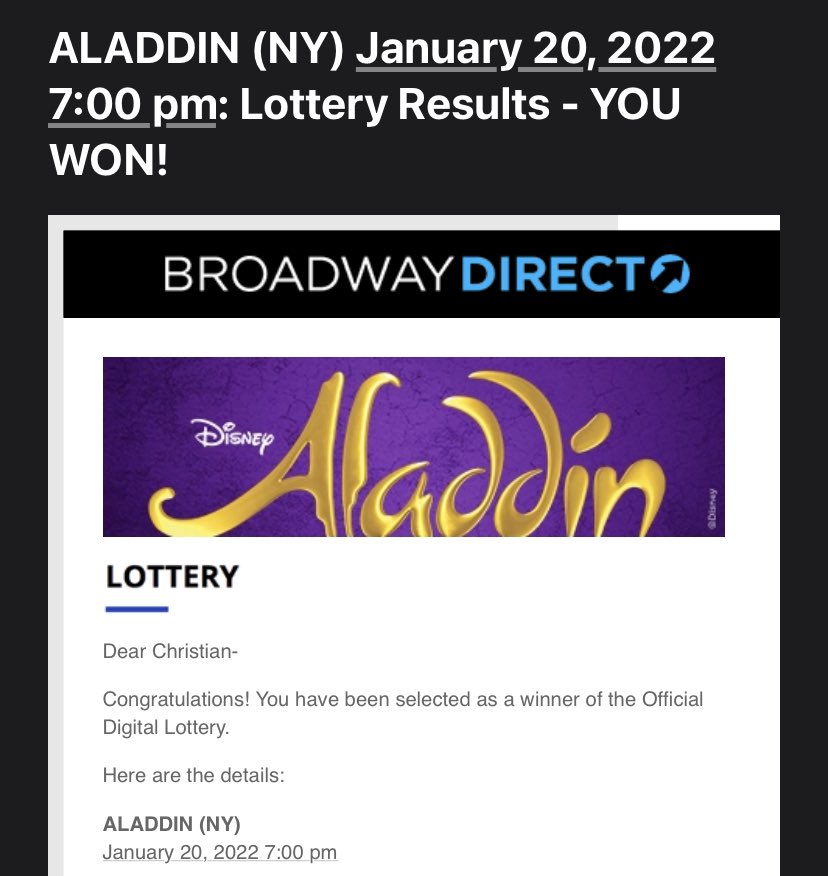 I may or may not have a genie on my side... because I just won the #AladdinBroadway lottery! 🤩✨🧞‍♂️ https://t.co/igkmGuAdIn.