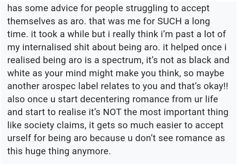 an aromantic who has some advice for people struggling to accept themselves as aro: