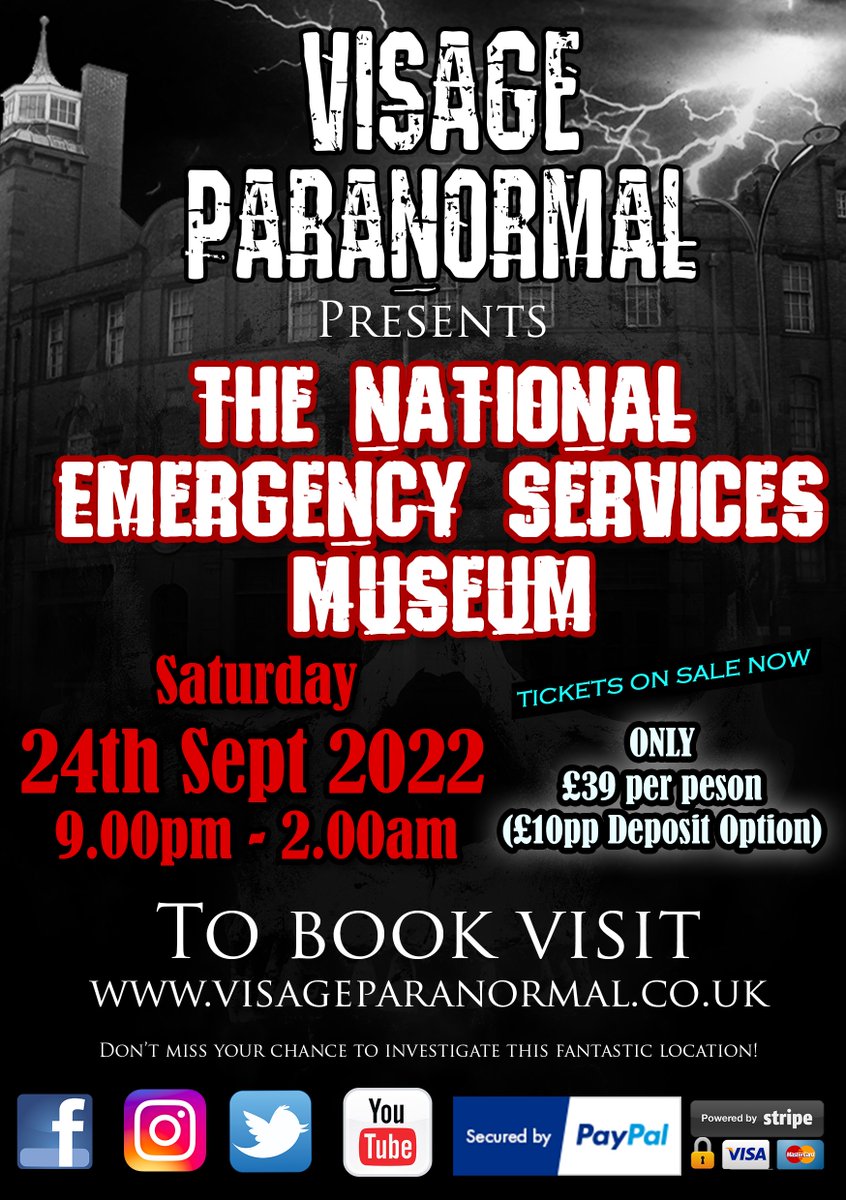 VisagePara's tweet photo. Come join Visage Paranormal on the 24th Sept 2022 for night of investigating at the National Emergency Services Museum.
For more information and to book your place visit https://t.co/8Y1IC6LPLx 

#ATSocialMedia #paranormal #ghosthunt #uksmallbiz #Yorkshire #sheffieldissuper https://t.co/CG42oiCTxO
