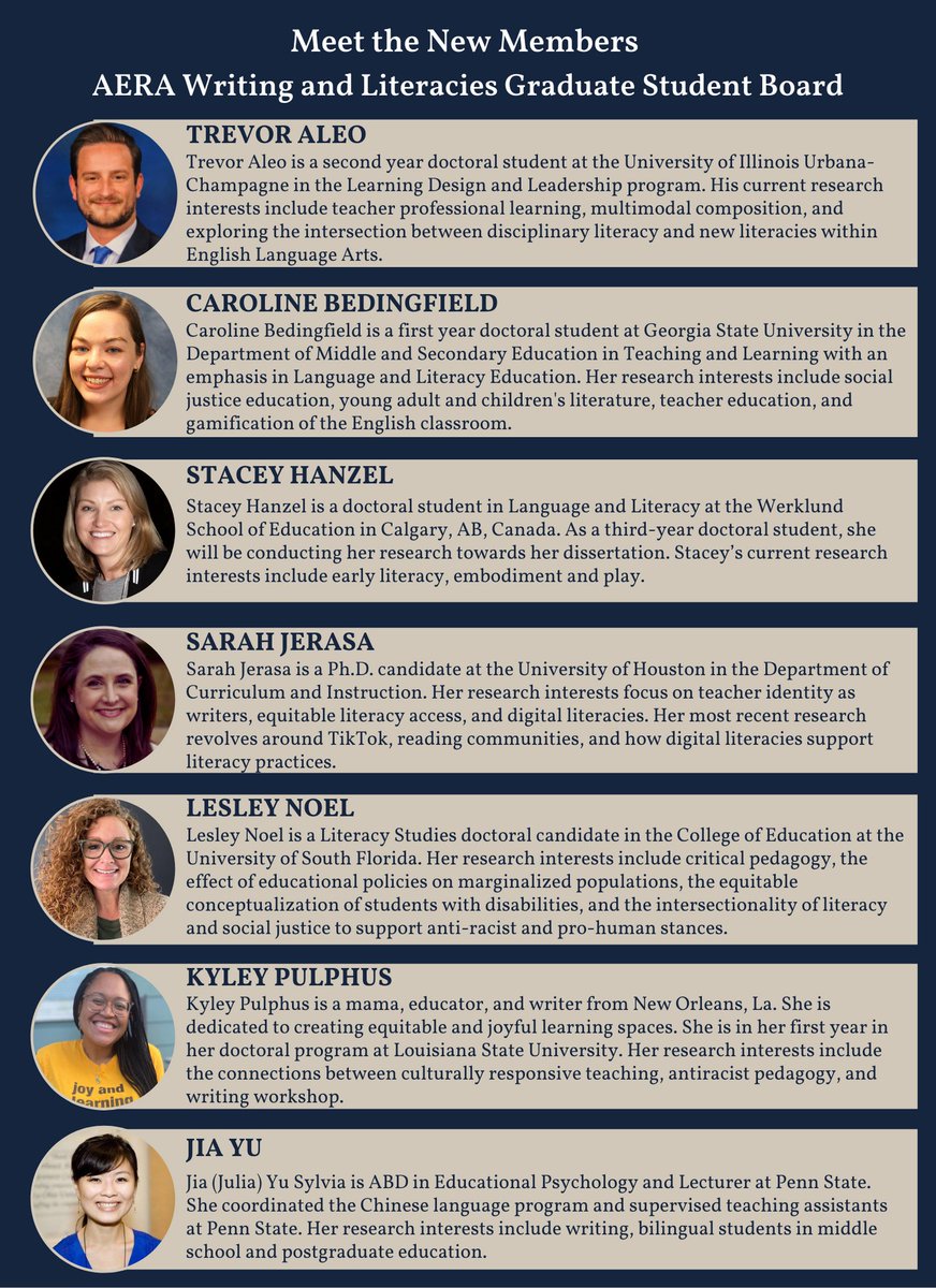 writinglit's tweet photo. We're delighted to welcome new members to our Graduate Student Board! #Literacies @MrAleoSays @saraheconroy @carolinebeding @LesleyNoel_FB @jiayupsu https://t.co/flyAgY3X0D