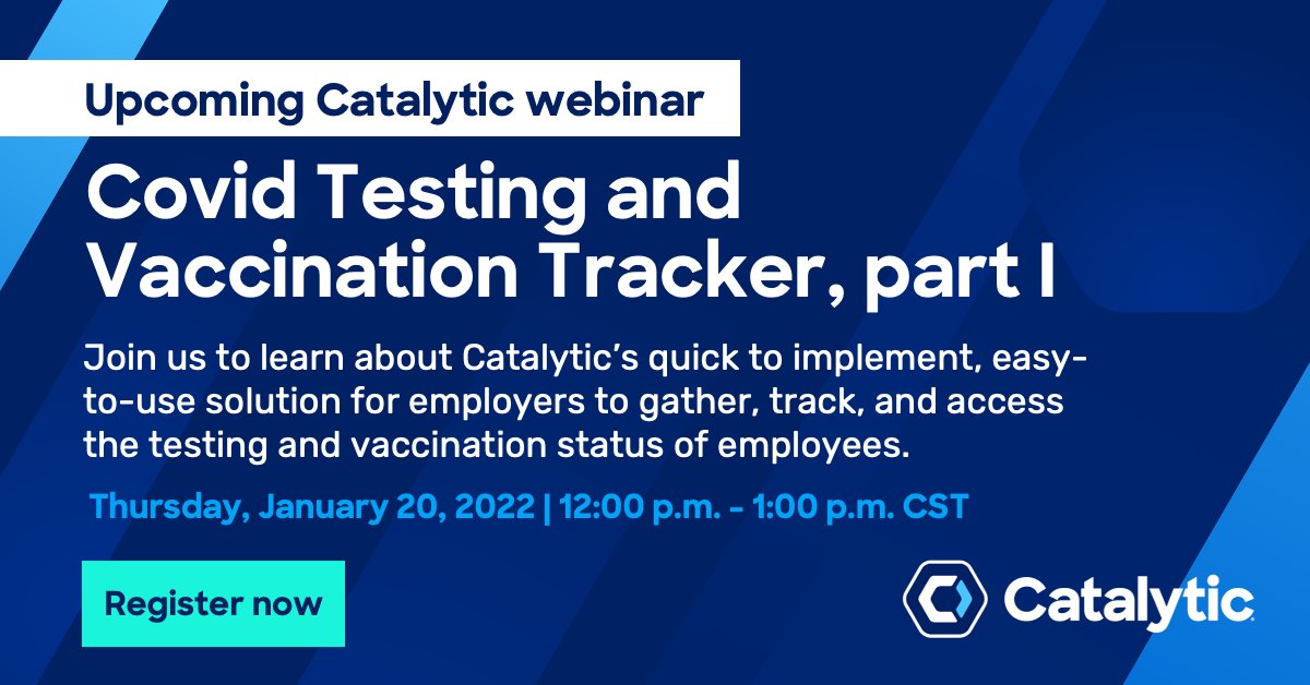 Tomorrow—Don’t miss Catalytic’s webinar to learn everything you need to know about our #nocode #covidvaccine tracker.
 
Register today so you can start using tomorrow: hubs.ly/Q012vgGq0

#returntowork #covid19solutions