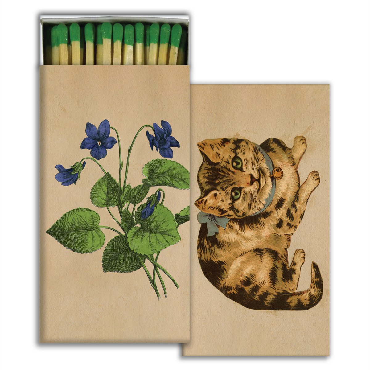 SevenColonial's tweet photo. Kitty and Violet matches - each box (set of 8) has 50 matches tipped in a color to coordinate with the box https://t.co/fzNwyDgbW4 Purr-fect hostess #gift. Long, so lighting candles as they burn down is a breeze #homedecor Designer #cats #kittens #flowers https://t.co/QvzdCfRn7K