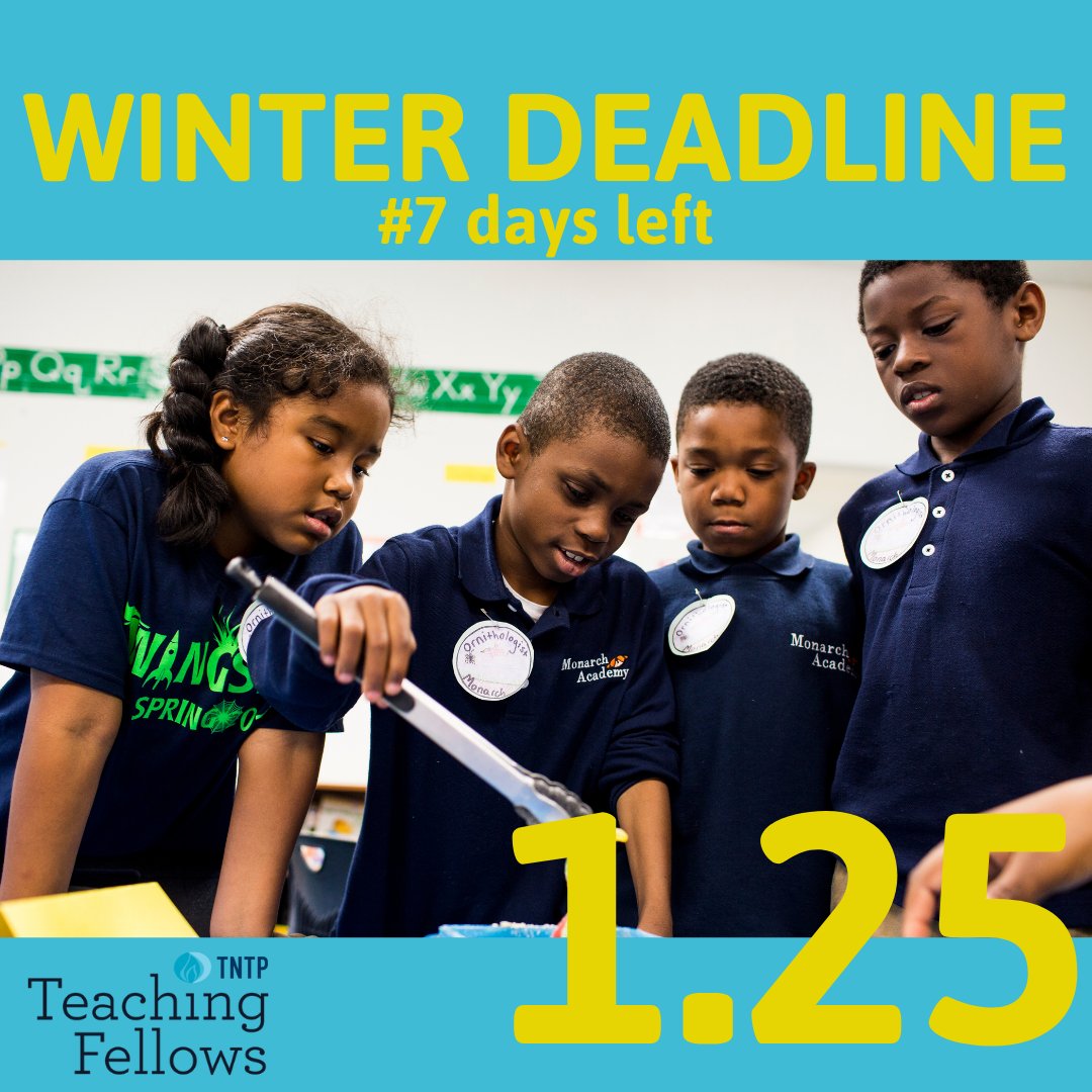 Are you a recent college grad, career changer, or graduating senior? Join our next cohort of TNTP Teaching Fellows by applying before our 1/25 Winter deadline!
apply.tntp.org/prog/tntpteach…

#7days 
#becomeateacher 
#indyfellows
#myBCTR
#teachminnesota
#nevadateachercorps
#teachnola_