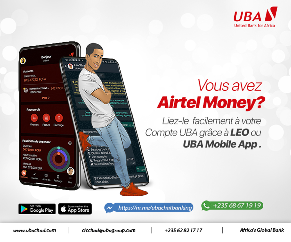 UBATchad's tweet photo. Grâce à UBA CashMoney, vous n'avez qu'à lier votre compte bancaire à Airtel Money et retirer de l'argent depuis n'importe quel point de vente de Airtel.
Avec #UBACashMoney, la vie devient plus facile.
#UBATchad #AfricasGlobalBank #AirtelMoney #BankToWallet https://t.co/1a30GlAAk7