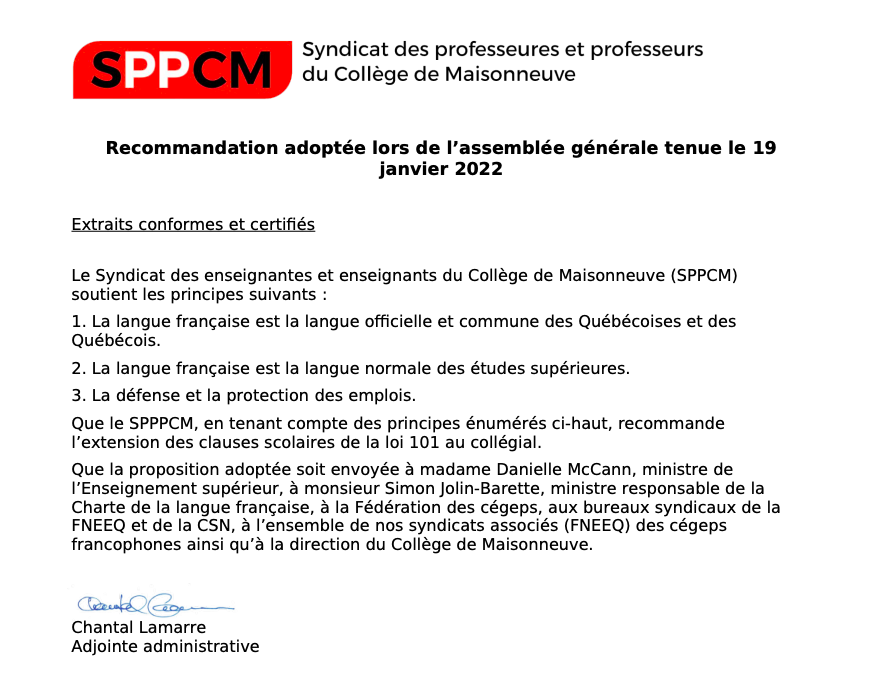 hassinhadi's tweet photo. Les membres du Syndicat des professeurs du Collège de Maisonneuve ont voté auj. à majorité en faveur de l’extension la loi 101 au collégial. Des professeurs souhaitaient soumettre cette proposition à leurs collègues, d'où la tenue de ce vote. Ci-dessous, la recommandation. #polqc https://t.co/m9bwwh3gup