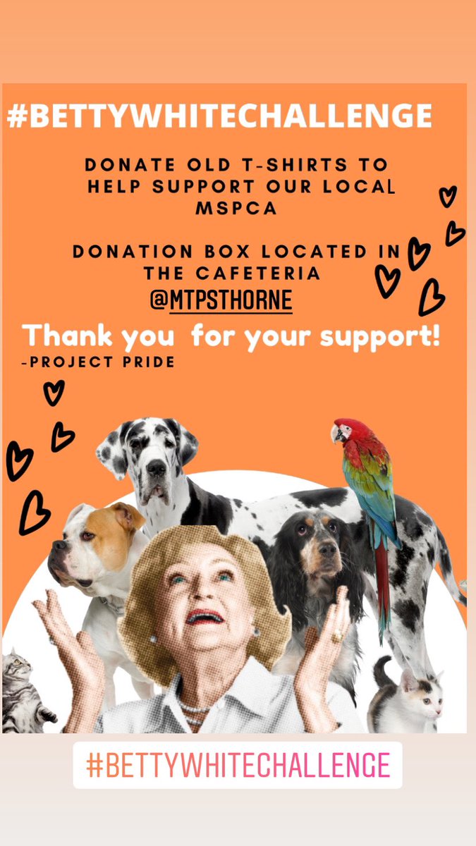 Project Pride is collecting t-shirts to recycle into new dog toys, to be donated to our local <a href="/TheMCSPCA/">Monmouth County SPCA</a>  #BettyWhiteChallenge 

Thorne students can drop off t-shirts (unwanted/ gently worn) in the collection box located in the cafeteria 

Thank you! #180wayslionead <a href="/thorne_ms/">Thorne Middle School</a>