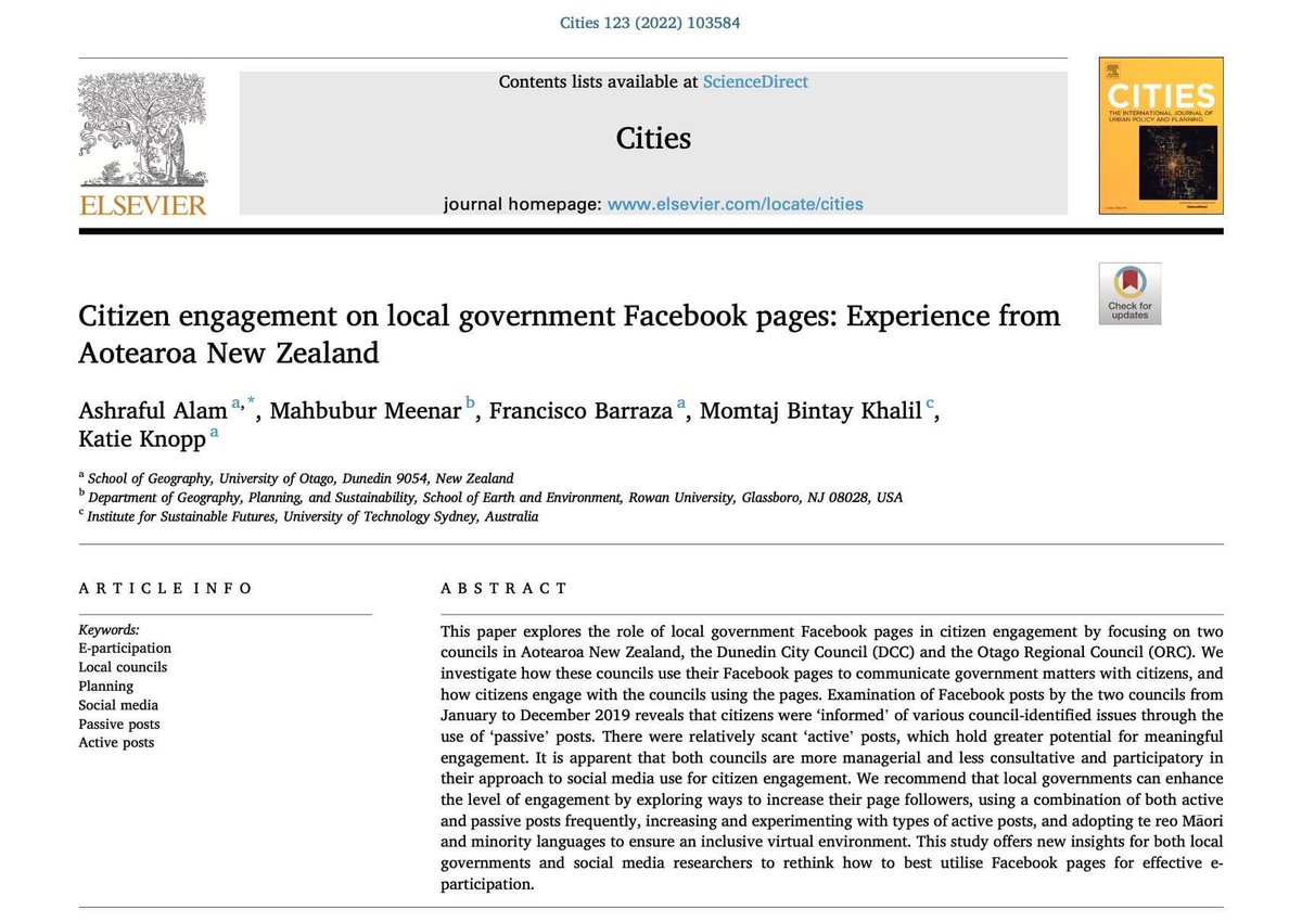 urbanmargin's tweet photo. New paper out📢 
Our paper examines the local government's use of #Facebook platform in Aotearoa New Zealand.
📢 We have some fantastic suggestions for Councils to enhance their e-participation offerings on social media. 📢 Free copies are available 👉 https://t.co/EaoNTMx5I4 https://t.co/J4s0INLgIM