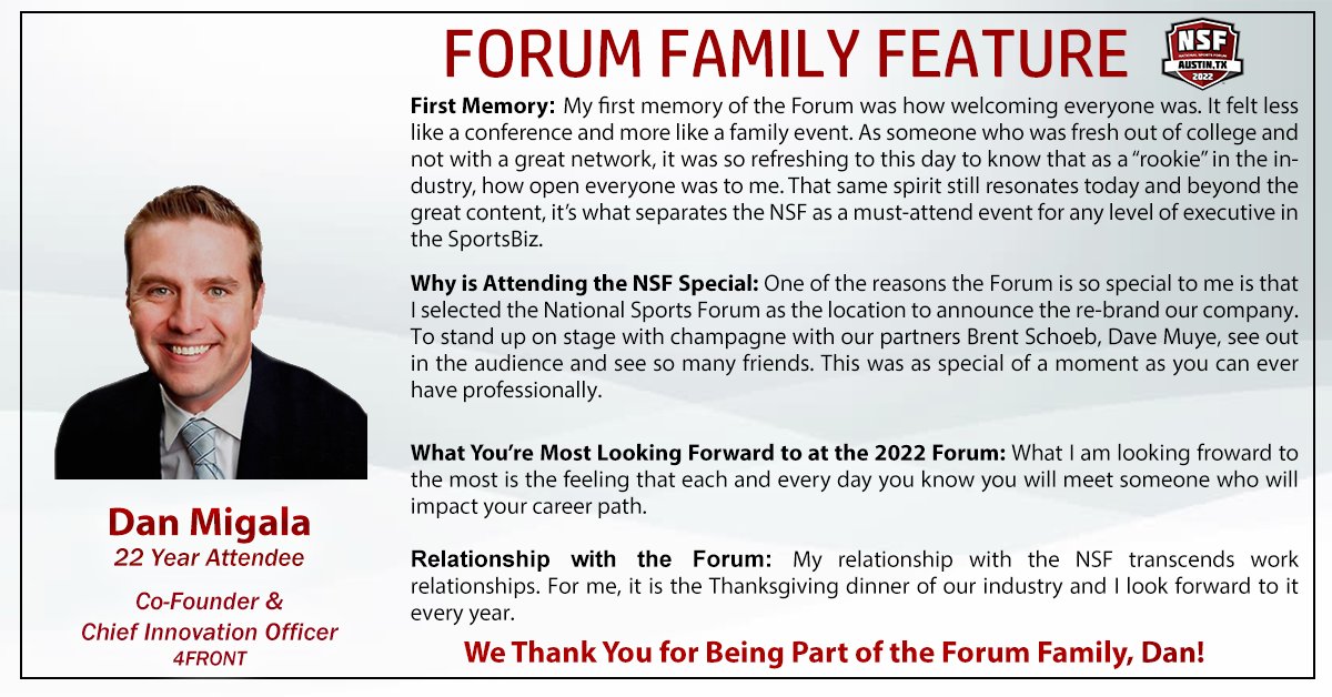 NatlSportsForum's tweet photo. Week 9 of #ForumFamilyFeature is NSF former Steering Committee and Emeritus member, Dan Migala! We are lucky to have Dan who is Co-Founder &amp; Chief Innovation Officer for 4FRONT as a member of the Forum Family. Learn more about Dan's memories with the NSF over the years below! https://t.co/rjyEum4dmJ
