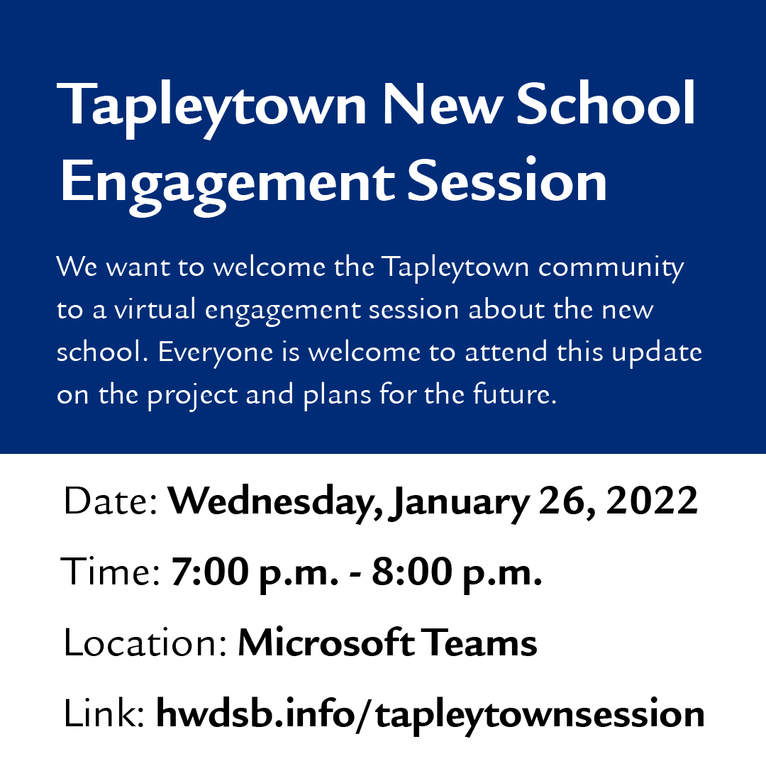 HWDSB's tweet photo. The Ontario government recently announced $16.7 million for a Tapleytown replacement school 🏫

We want to invite the Tapleytown community to a virtual engagement session about the new school on Wednesday, January 26 from 7 to 8 p.m.

More info: https://t.co/Zop2i4IYdc https://t.co/FqbTQdSmdO
