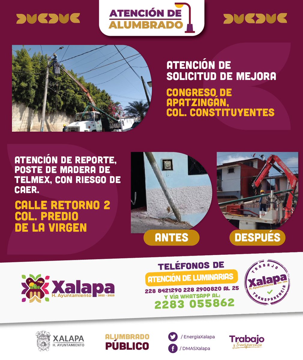 Continuamos atendiendo los reportes ciudadanos relacionados al #AlumbradoPúblico y su infraestructura en #Xalapa. 

☎️Reportes: 

✅2288421290.
✅2282900820 al 25. 
✅Whatsapp 2283055862.