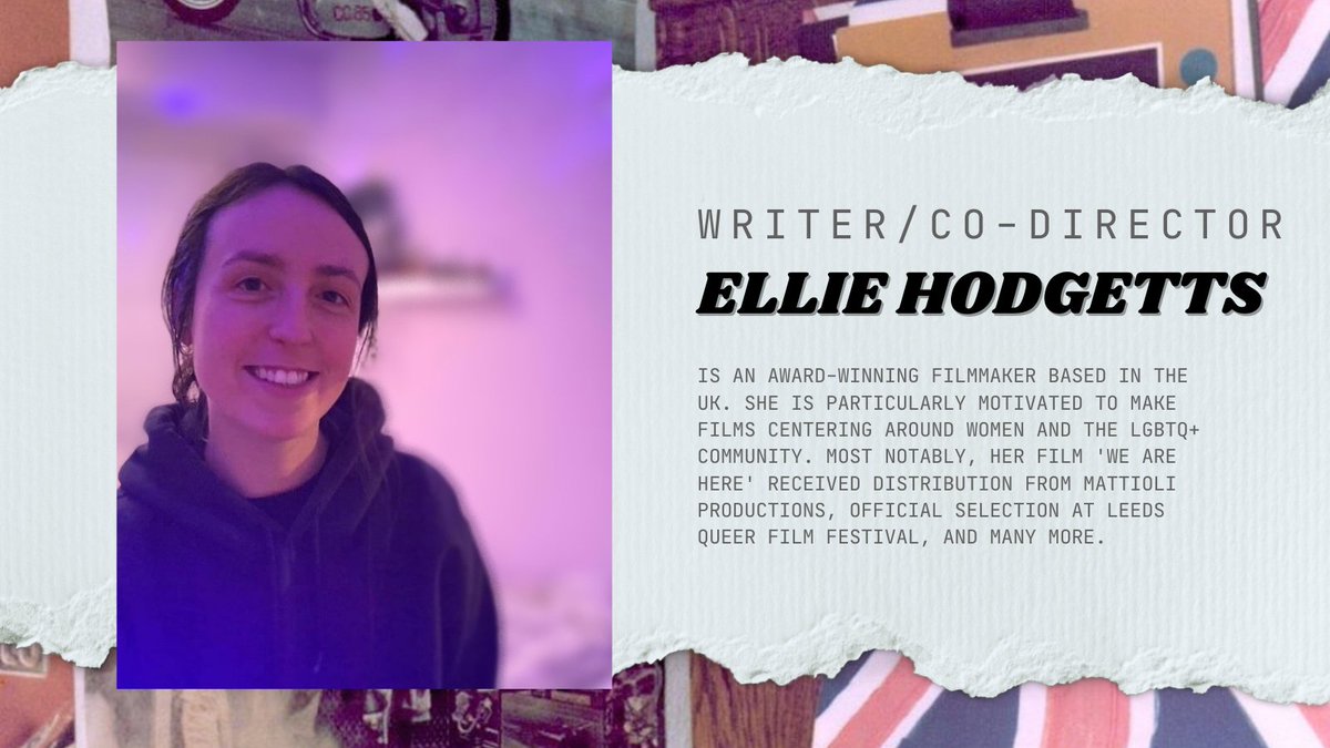 MEET THE TEAM!
Our writer/co-director <a href="/EllieHodgetts/">Ellie Hodgetts</a> is an award-winning filmmaker based in the UK.
She's particularly motivated to make films centering around women and the LGBTQ+ community. 
Read more about her here! 
<a href="/LeedsQueerFilm/">Leeds Queer Film Festival</a> 
<a href="/MattioliPro/">Mattioli Productions</a>