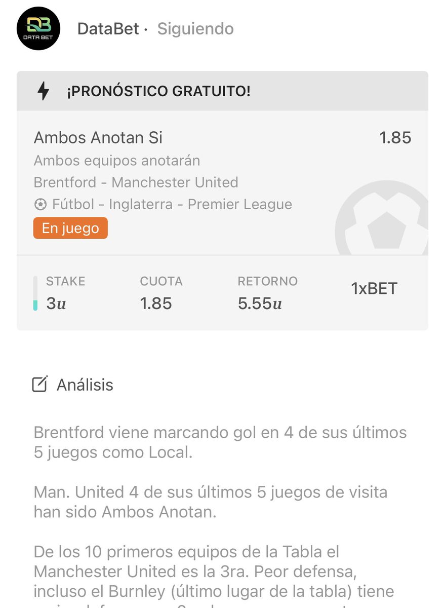 DataBetMx's tweet photo. Otro más ✅✅✅ 

Seguimos la buena racha y cobramos otra vez hoy 🔥🔥🔥

🔘Ambos Anotan cuota 1.85 en Brentford vs Manchester 

únanse a mi canal de @tipsterchat porque aún tenemos otro pick para hoy ⬇️

https://t.co/dapj4CivK3 https://t.co/w5GA8QbdkY