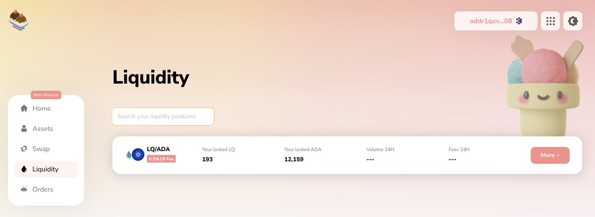 liqwidfinance's tweet image. LQ/ADA pool on @SundaeSwap beta mainnet has been created🍨
cardanoscan.io/transaction/61…

Easy to use app UI/X and Tx fee was 1.2 $ADA ⚡️

Congrats to the SSL team on the v1 protocol launch and thanks for building this incredible product it&apos;s a watershed moment for DeFi on #Cardano🚀