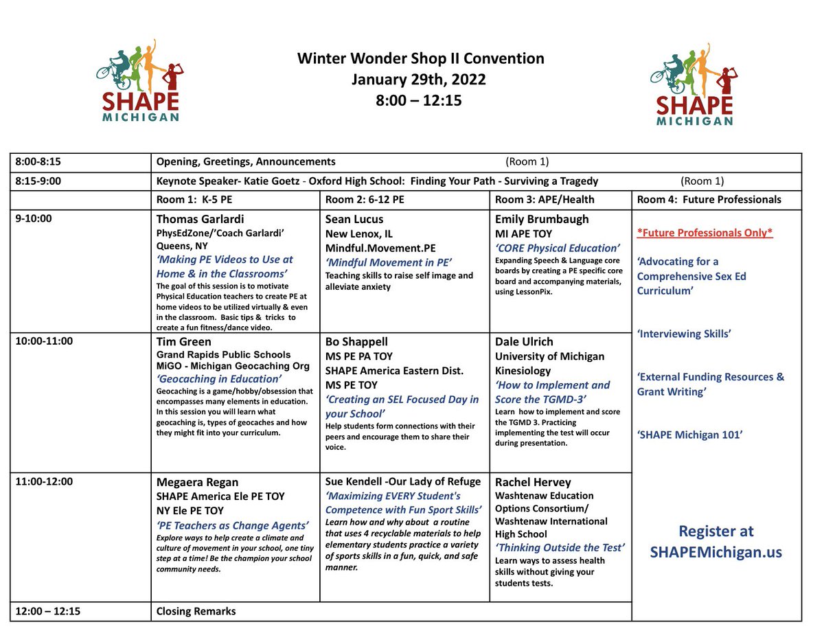 Register now…. SHAPE MIchigan’s Virtual Conference- Winter Wonderland II.   Another outstanding lineup of presenters…register at shapemichigan.us.   Only 10.00 and presentations will be accessible afterwards!