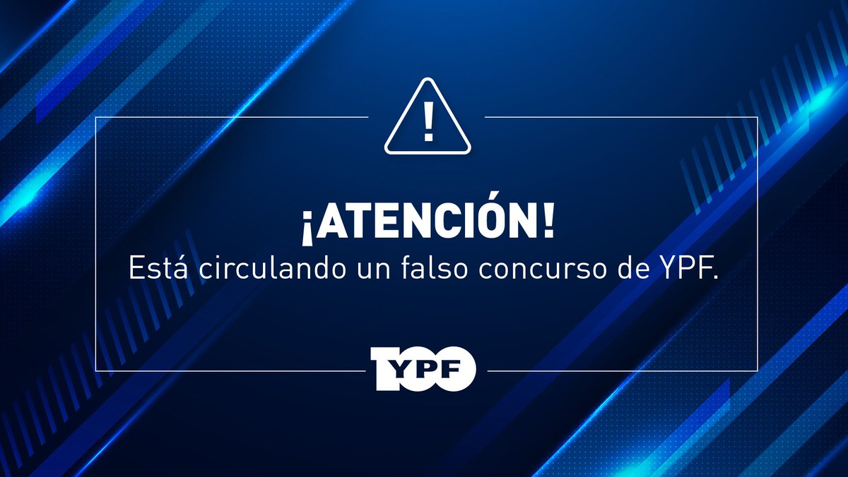 YPFoficial's tweet photo. Se está realizando un concurso falso con motivo de los 100 años a través de un link y una serie de preguntas. Si te llega, no brindes ningún dato y denunciá. Podés avisarnos al 0800 1222 YPF(973). Los concursos que realizamos son publicados SIEMPRE en los canales oficiales. https://t.co/hc3JeexglO