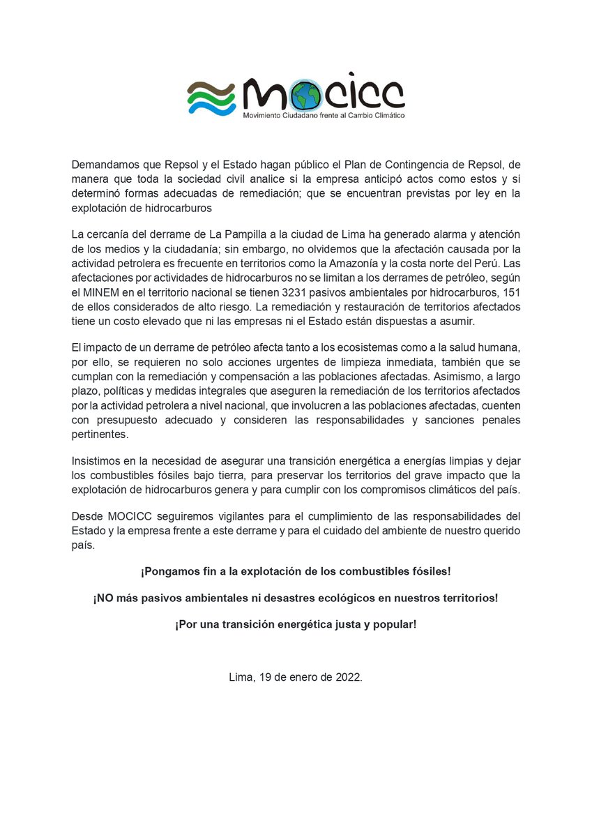 #PRONUNCIAMIENTO  

Después de 5 días de ocurrido el desastre ecológico por el derrame de petróleo en Ventanilla, las respuestas de <a href="/Repsol/">repsol</a> y del Estado son tardías e insuficientes, exigimos respuestas inmediatas y sanciones a los responsables.

#RepsolHazteCargo