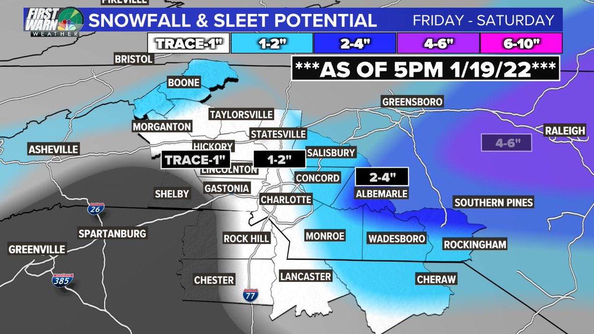 wxbrad's tweet photo. **5pm Update 1/19/2022** Here's the latest forecast for snow/sleet and ice. The is primarily a snow and or rain event for Piedmont with light amounts for the #Charlotte area. Stay Tuned for Updates.  #cltwx #ncwx #scwx #wcnc #snOMG https://t.co/3nCf4ZFIAk