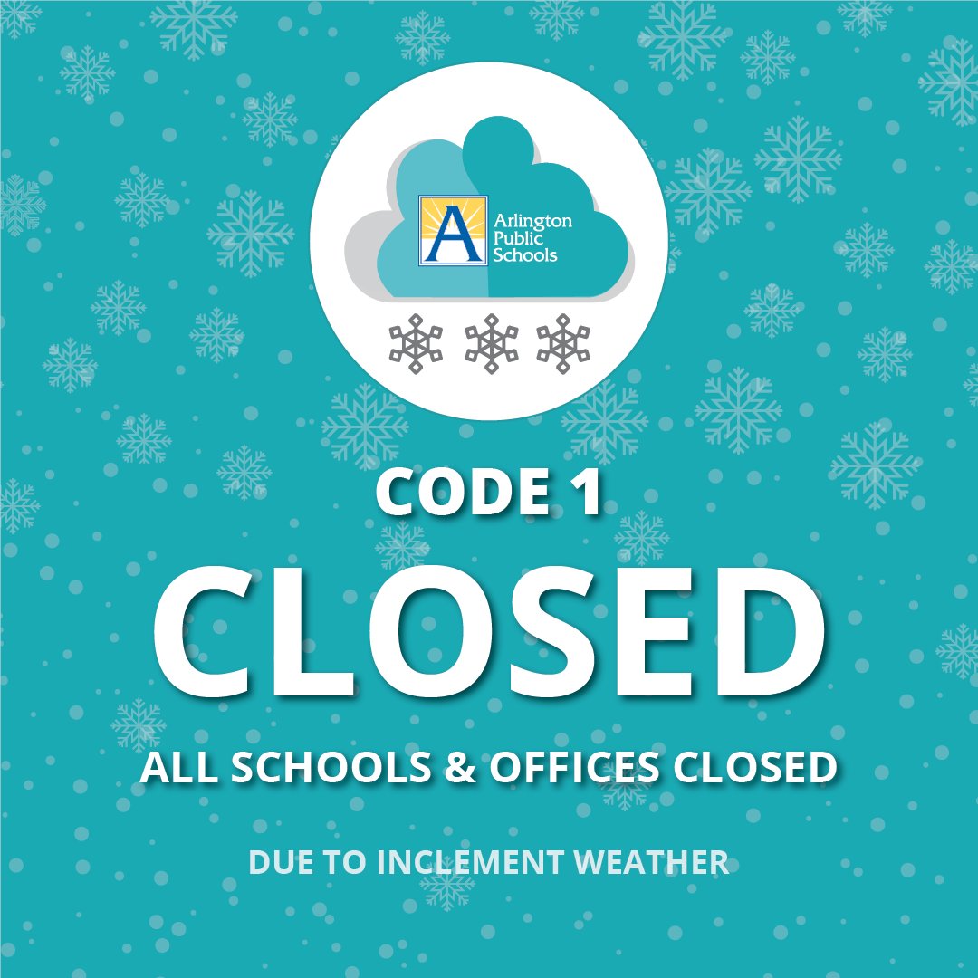 ❄️ January 20, 2022: Code 1 – All APS Schools & Offices Closed ❄️
Due to the winter weather advisory issued for Arlington during the morning commute, all schools and offices will be closed on Thursday, January 20. 
More ▶️<a target='_blank' href='https://t.co/LfCyySO0Kz'>https://t.co/LfCyySO0Kz</a> <a target='_blank' href='https://t.co/KJ1mEuIOzy'>https://t.co/KJ1mEuIOzy</a>