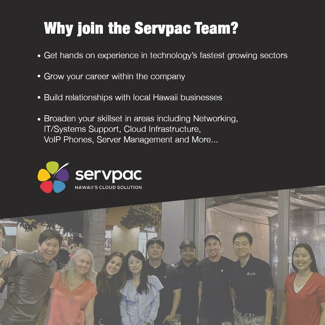 HTDCorg's tweet image. Recognized as one of Hawaii’s Best Workplaces by Hawaii Business Magazine and Pacific Business News for the last 7 years, @servpac is #hiring tech talent! #juniornetworkengineer, #seniorsystemsengineer, #datacenterengineer
Meet the recruiters: htdc.org/techjobfair