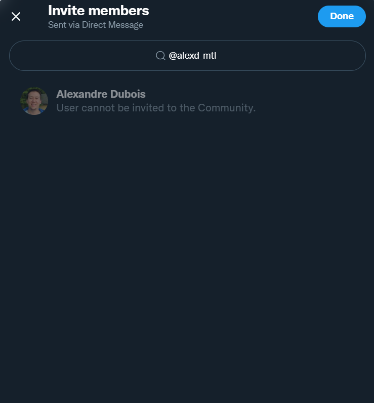 alexd_mtl's tweet photo. Hi @TwitterSupport &amp; @HiCommunities!

I asked to join a community, but my contact was not able to add me. It said: "User cannot be invited to the Community". My account is public, so I should be eligible to join a Community. Can you help me please? Thanks! https://t.co/ptN0BjrtTg