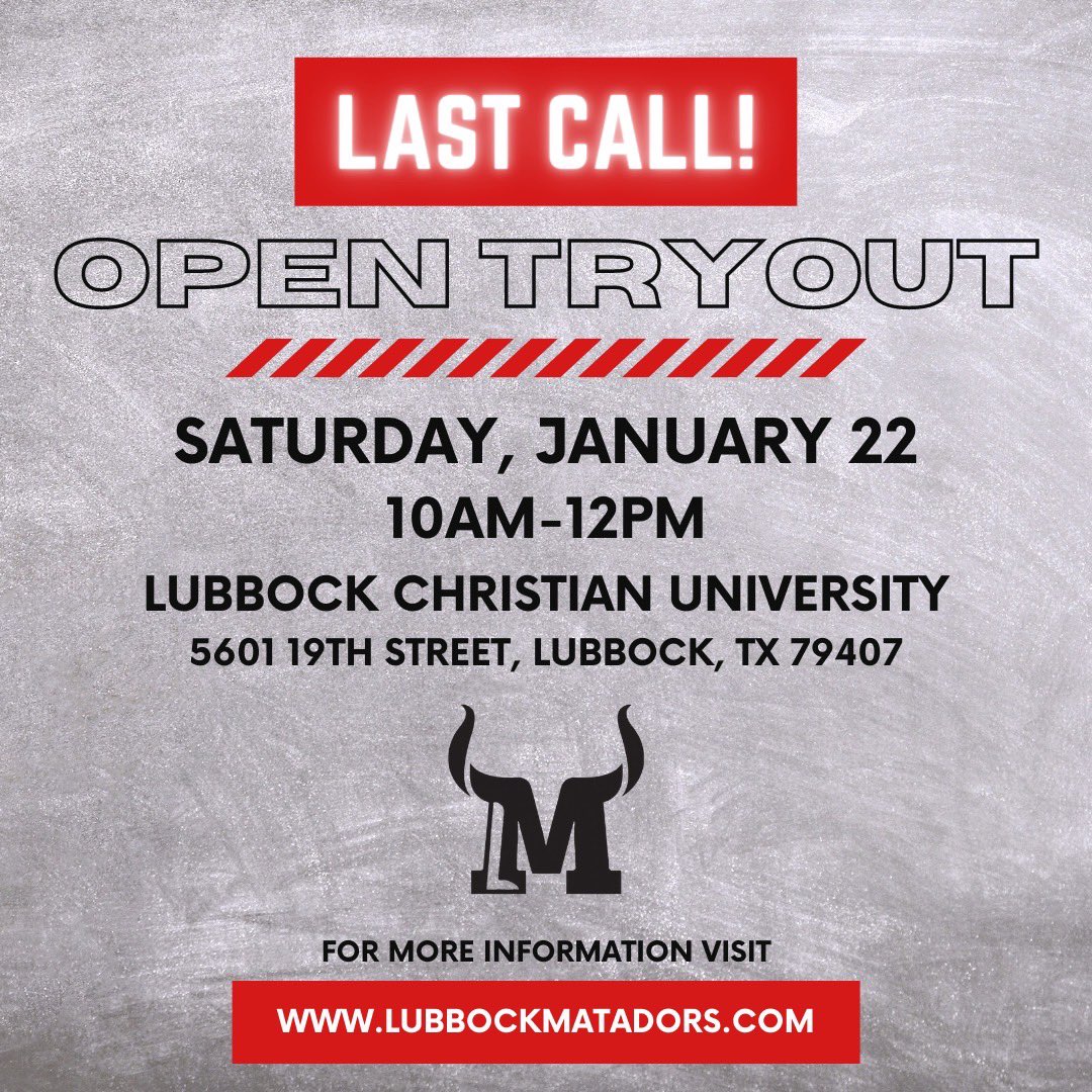 LubbockMatadors's tweet photo. Last Call to register for our only Open Tryout for 2022 Inaugural Season… Info/Register at https://t.co/Azm6sMA6tQ https://t.co/N26Yyxpgc3