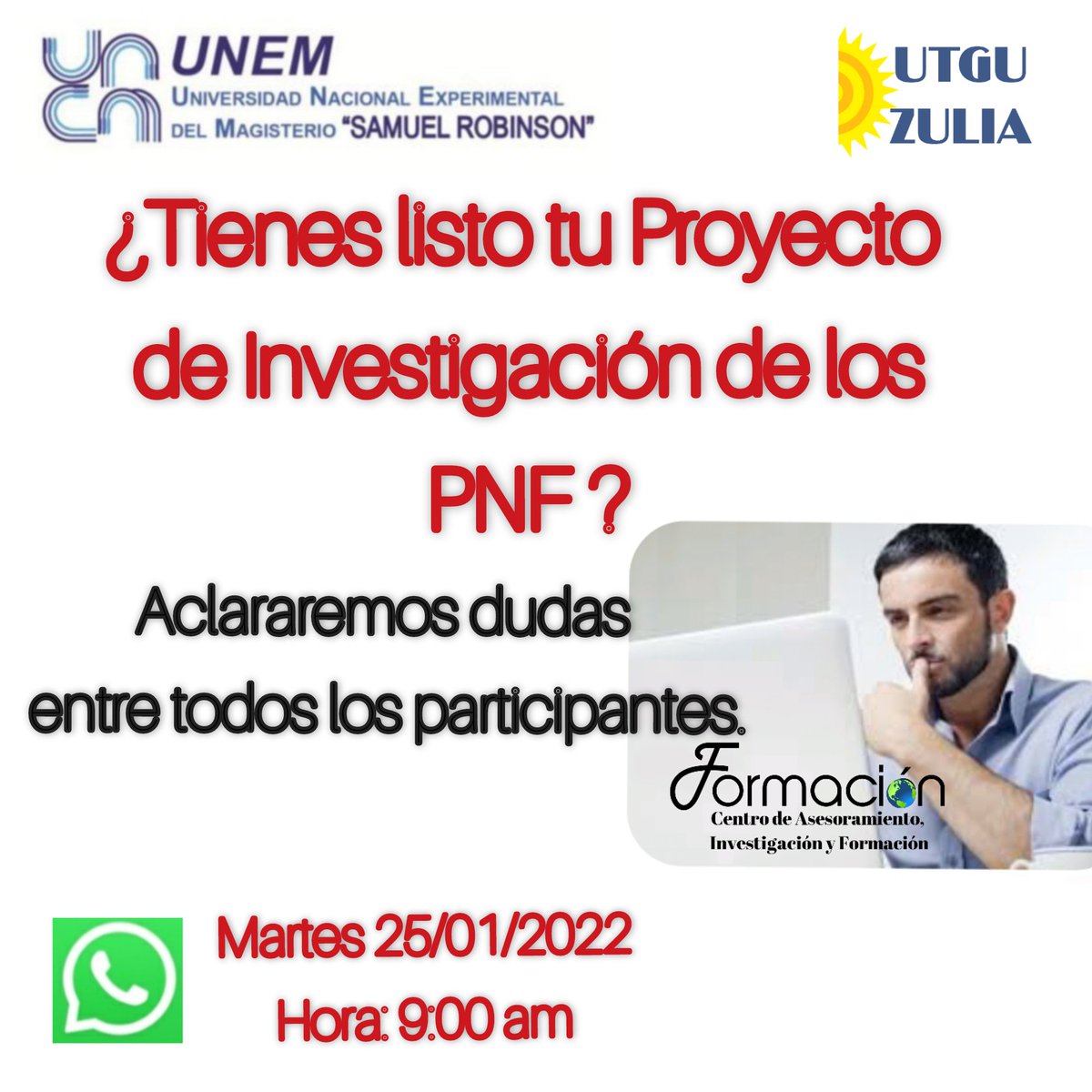 Proyecto de Investigación para los PNF de la UNEM.

Martes:25/01/2022.
Hora: De 9:00 am a 1:00 pm 

Participa a través del Grupo WhatsApp

👇🏿👇🏿👇🏿👇🏿👇🏿 chat.whatsapp.com/Ckkg6Cq9NB8Dsd…