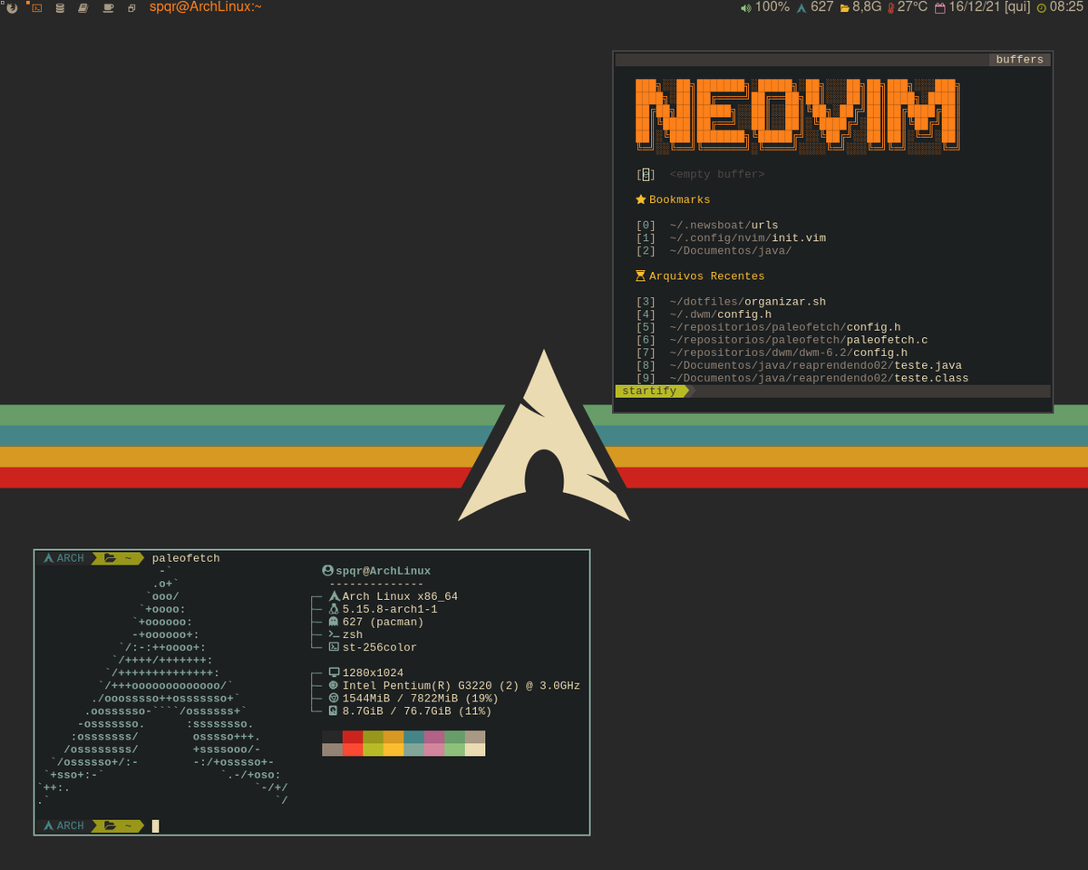 PinguimCriativo's tweet photo. Arch Linux + Dwm
By: @spqr
Tema / Theme: Gruvbox Hard
Shell: zsh
Terminal: st
StatusBar: DwmBlocks
Editor: Neovim
��
#Linux #FreeSoftware #OpenSource #SofwareLivre #LinuxSetup #ArchLinux #Dwm #LigaLinux https://t.co/ch3drqZTzS