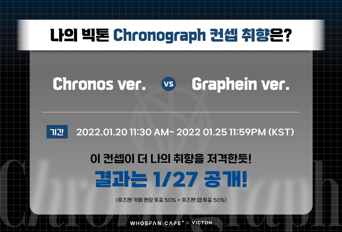 Whosfan_Ofcl's tweet photo. #WhosfanCafe☕

#VICTON 💙서베이 이벤트💙 오픈! 🗳

나의 #빅톤 'Chronograph' 컨셉 취향은?

Chronos ver.⏱
VS Graphein ver.✍

🗳투표하기
🔗https://t.co/VQnZ66MgQF

@VICTON1109 #VICTON_Chronograph_PopupStore https://t.co/IuJPF7CG37