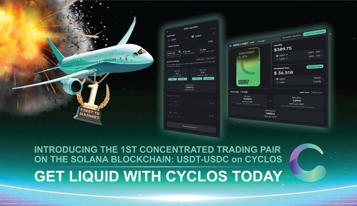 PRESENTING the CYCLOS MAINNET!

The 1st Concentrated Liquidity Market Maker to launch Mainnet on #Solana 🚀 

Features: 
🙌Fully-customizable LP ranges
✌️Ultra low-cost transactions
🤙NFT liquidity positions

Welcome to the new era of DeFi on Solana 🔥
v2.cyclos.io 👀
