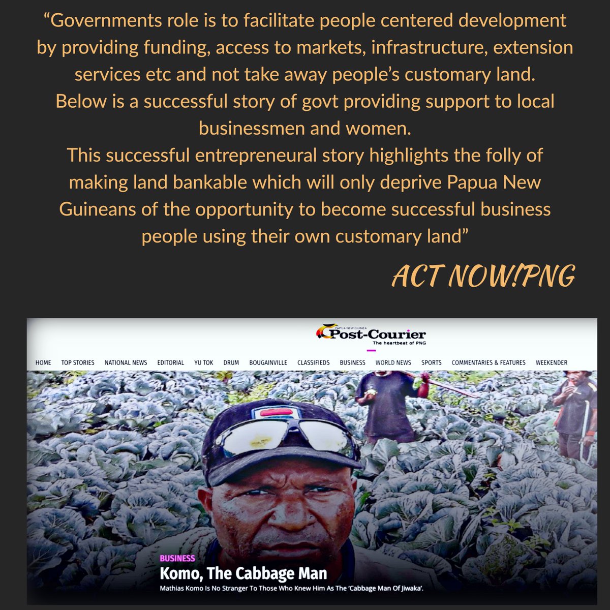actnowpng's tweet photo. KOMO, THE CABBAGE MAN

Mathias Komo is no stranger to those who know him as the "cabbage man of Jiwaka'.
Story on: 
https://t.co/GUeEpcLYBK

#FromExtractionToInclusion 
#PeopleCenteredDevelopment 
#PNGDevelopment https://t.co/rHYRc6napy