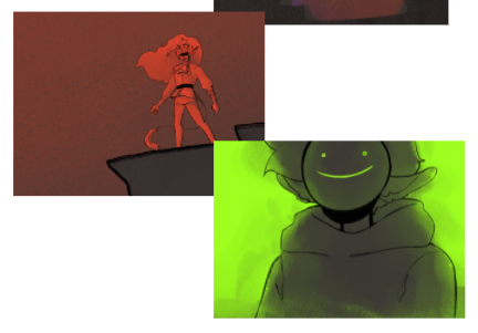 Then theres this little section where we see a mix of all the colors. This is Doomsday.
Both Tommy and Tubbo are back in the neutral gray color. And we see their biggest treats over them, Techno and Dream 