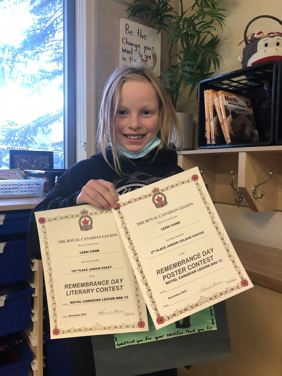 Congratulations to Leah Cann <a href="/GlenbowSchool/">Glenbow Elementary School</a> for placing first place in the Cochrane Legion Junior Essay Category for Rememberance Day Writing and for placing third in the Junior Colour Poster Category! Way to go Leah, you have done us proud!♥️