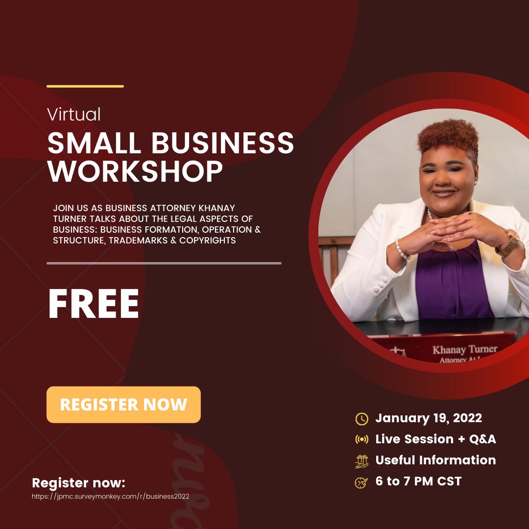 KYTurnerLaw's tweet photo. Join us on tonight at 6PM as Business Attorney Khanay Turner talks about the legal aspects of business:
 
● Business Formation
● Operation &amp; Structure
● Trademarks and Copyright 
 
RSVP: https://t.co/3XmOFVl3IO https://t.co/aUOxOiaC30