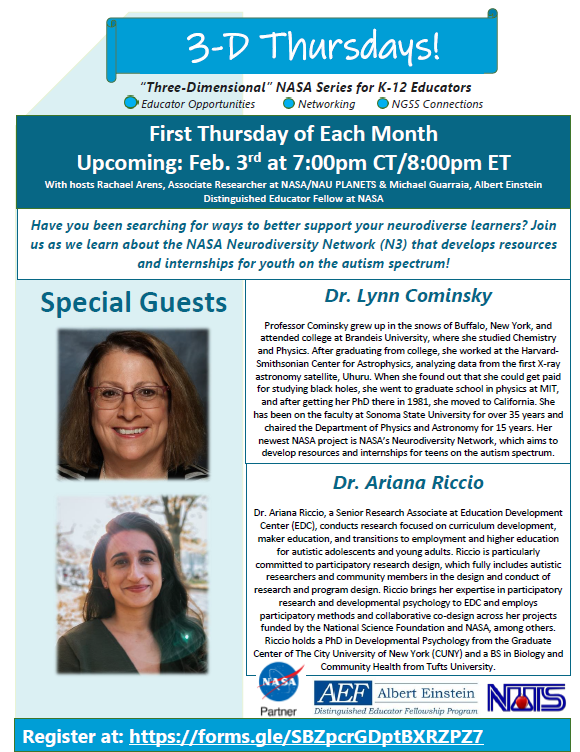 ArensRachael's tweet photo. Educators! Attend 3D Thursdays on Feb 3rd, 8pm ET to meet the @NASA Neurodiversity Network and learn about teaching skills, resources, and internships for youth on the autism spectrum!💫 Register at https://t.co/8n3lc2XcHr
#rural 
@AEF_Program 
#Neurodivergent https://t.co/lQ5GrOvxOD