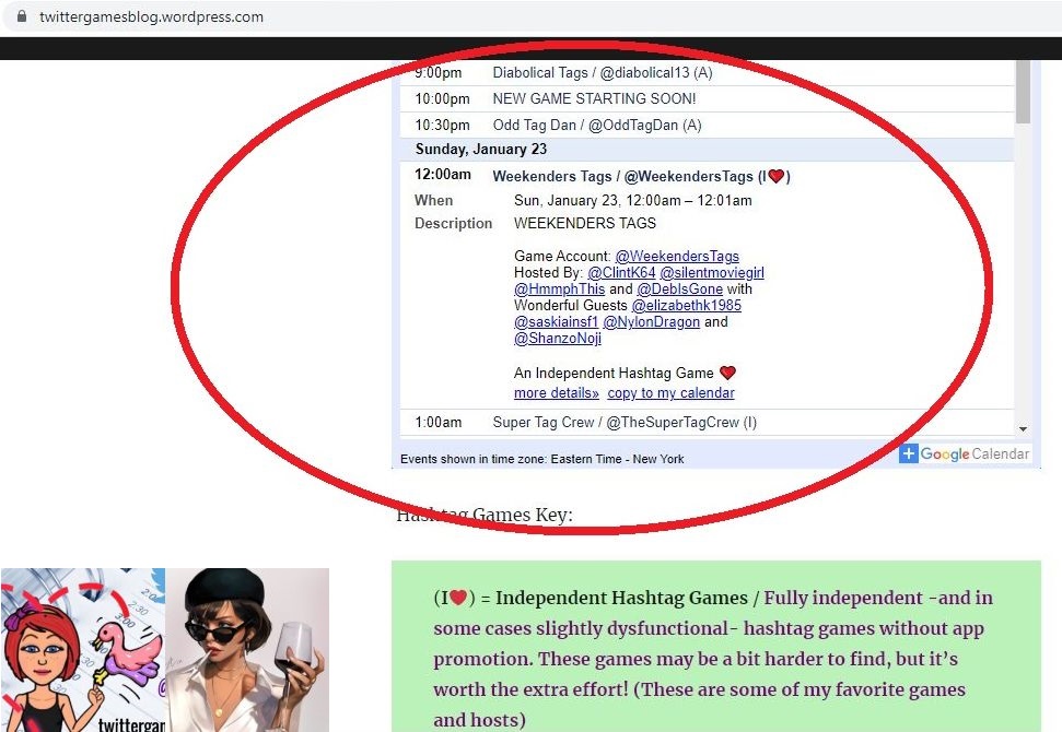Hey, y'all! <a href="/WeekendersTags/">WeekendersTags</a> is gearing up for Saturday night and look at that crew we've assembled! Be there or be square! Or both. We don't judge. Just be there!

Screen cap taken from the Hashtagger's Bible, <a href="/JaymeMcKenna/">❤️ Jayme Really</a>'s <a href="/CalendarGirlBot/">Calendar Girl Bot</a>'s blog at Bit.ly/HashtagGames!