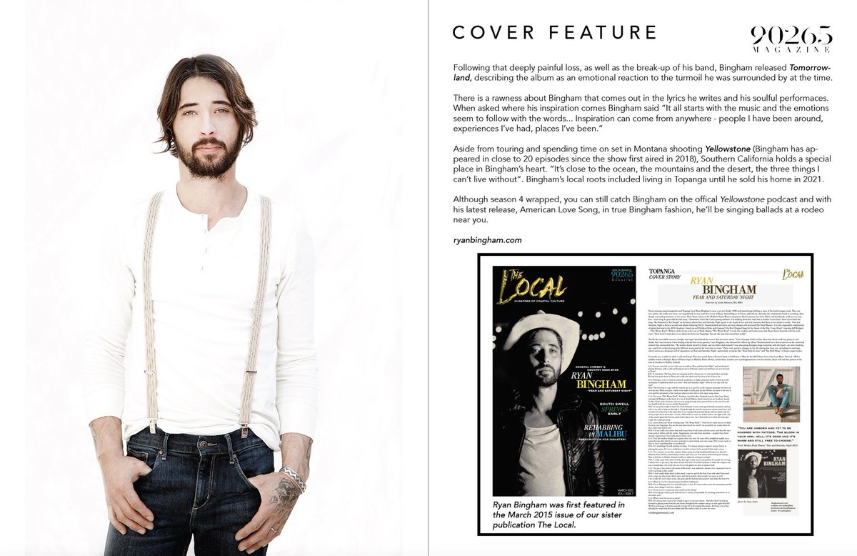 90265mag's tweet photo. The first issue of @90265Mag for #2022 is up! Actor/musician Ryan Bingham (Yellowstone fans know him as “Walker” on the hit show. Incredible photography by Dana Fineman and story by lifestyle editor Tara Owens. 
https://t.co/SXypN1KvtR https://t.co/Cf1D9d3dRW