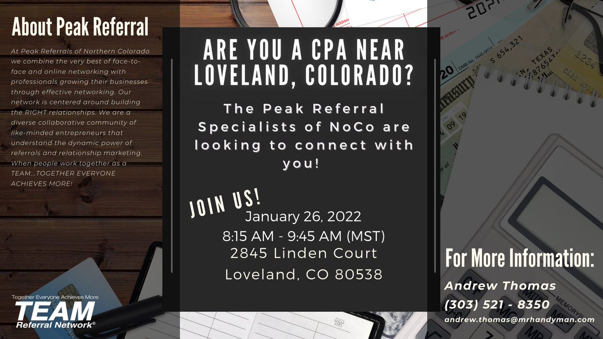 TEAMReferral's tweet photo. Start your morning off strong with a TEAM of professionals! We are looking for CPAs in the Loveland area! You can be part of the most effective referral networking TEAM in your community! Contact: Andrew Thomas at (303) 521 - 8350 or andrew​.thomas@mrhandyman​.com. https://t.co/CNYZGxNDMa