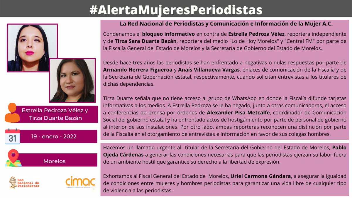 🔴 Condenamos el bloqueo informativo contra las reporteras Estrella Pedroza y Tirza Duarte Bazán por parte de la <a href="/Fiscalia_Mor/">FISCALIA MORELOS</a> y la <a href="/SG_Morelos/">Secretaría de Gobierno Morelos</a>

Hacemos un llamado urgente para generar las condiciones necesarias para el ejercicio periodístico libre de cualquier tipo de violencia.