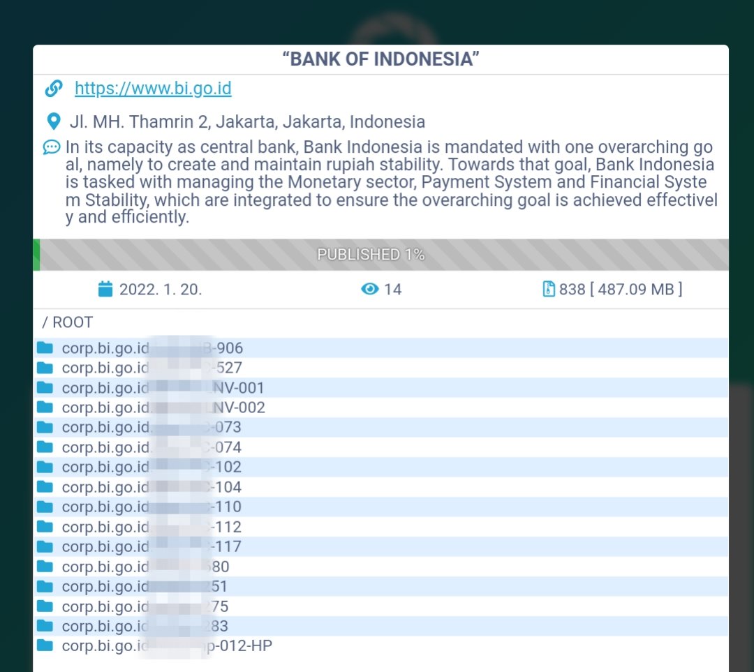 stealthmole_int's tweet photo. [ALERT] Conti ransomware gang has announced "BANK OF INDONESIA" on the victim list. https://t.co/qv2iJswis5