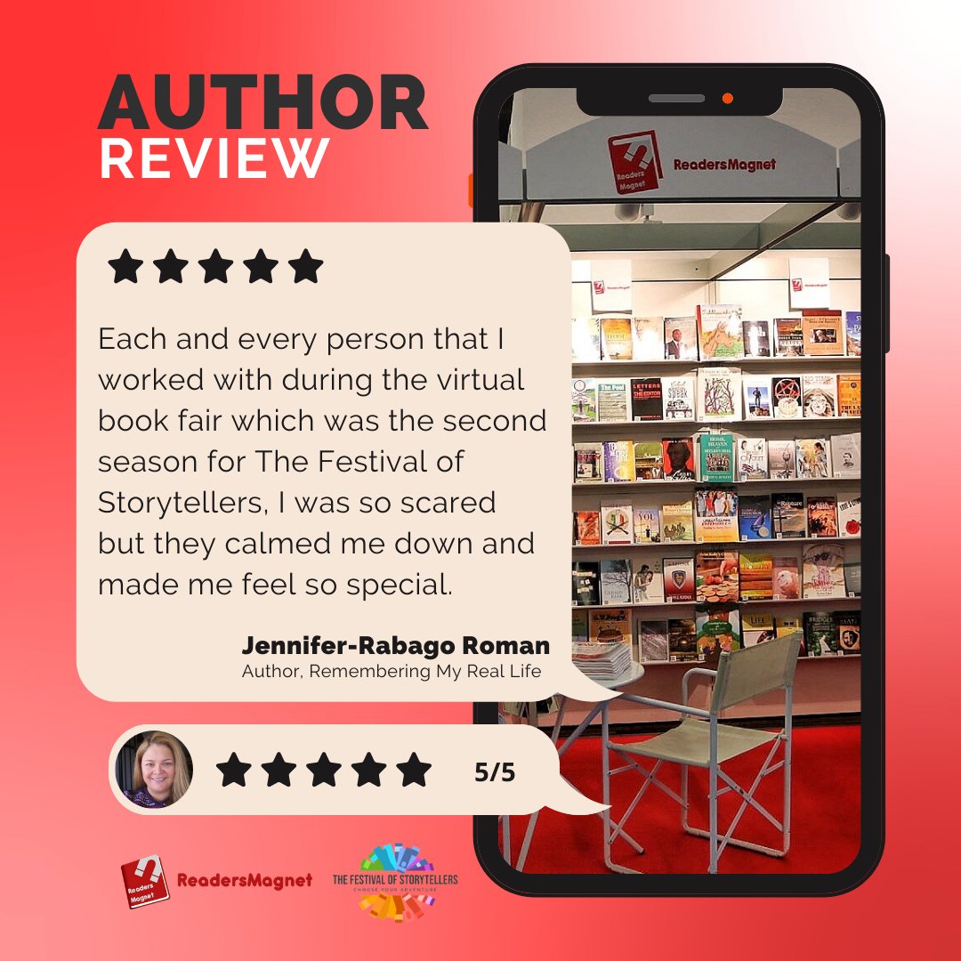 readersmagnet's tweet photo. Let's hear from Jennifer Rabago-Roman, author of Remembering My Real Life, on her experiences during The Festival of Storytellers Season Two powered by ReadersMagnet. 🤗🌟
Read more reviews via Trustpilot.
#readersmagnet #TFOS #TFOS2021 #thefestivalofstorytellers https://t.co/DYQYg27Xf8