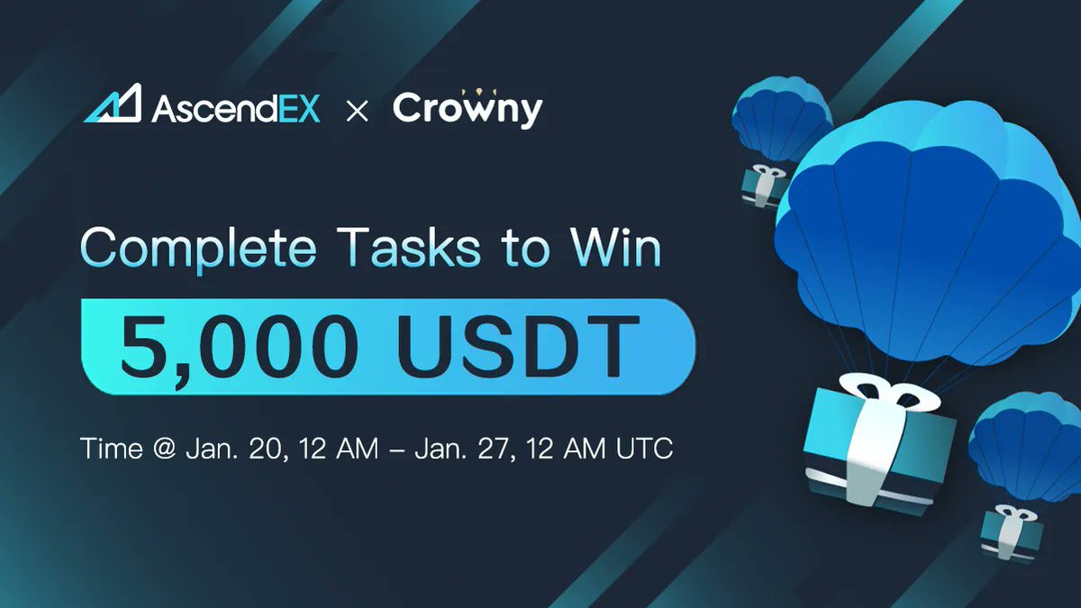 AscendEX_'s tweet photo. Complete tasks for a chance to share 5,000 $USDT worth of $CRWNY!

🕑 Jan. 20, 12:00 a.m. - Jan. 27, 12:00 a.m.

One Click to join 👉  https://t.co/r6ZoXsoYTT https://t.co/inuC93FoR1