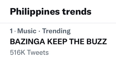 [ TRENDING UPDATE ]

We’re still trending at #1 nationwide under Music category! 💥

BAZINGA KEEP THE BUZZ
<a href="/SB19Official/">SB19 Official</a> #SB19
#SB19TopsBillboardHTS

Listen to #Bazinga_SB19